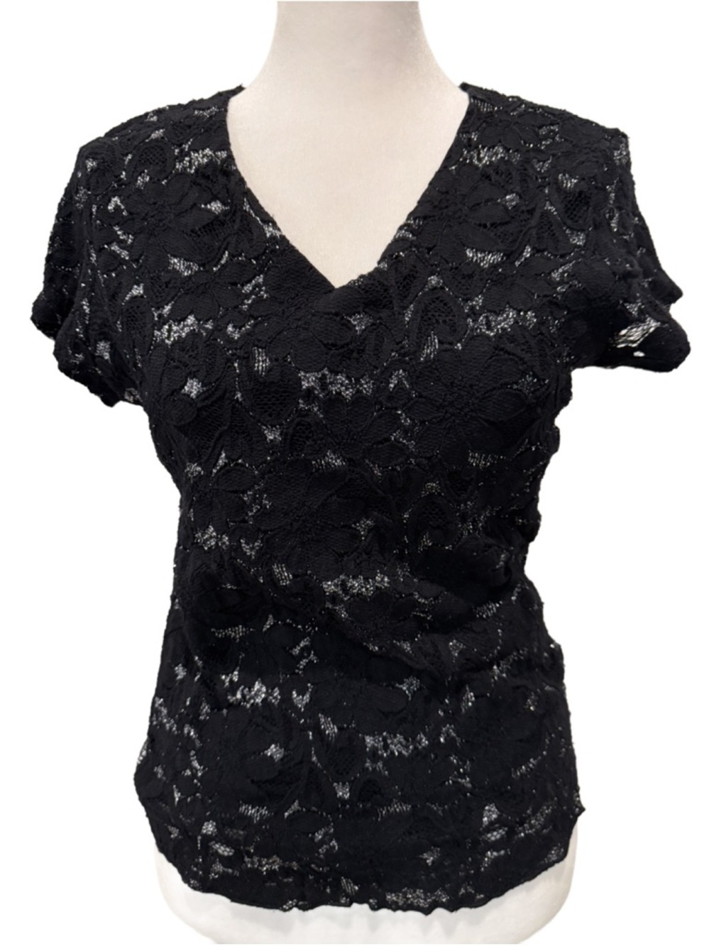 Black Floral Lace V-Neck Women's Top. Small